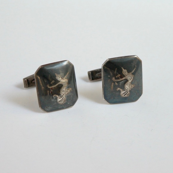 Vtg Siam Cufflinks Sterling Silver Thai Dancers - Picture 2 of 3